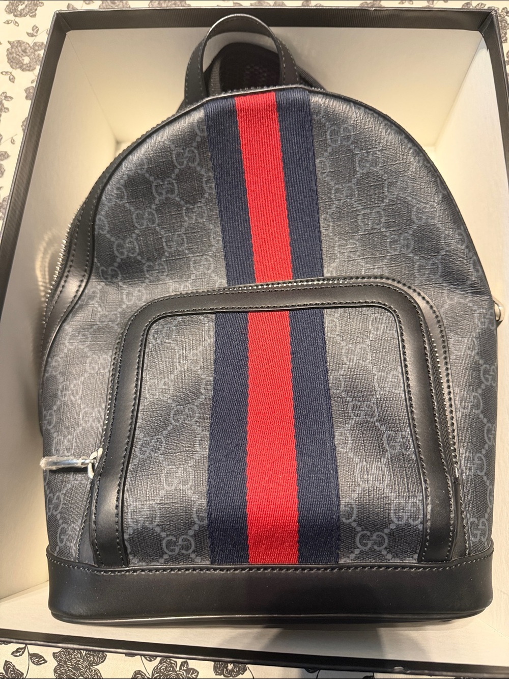 Gucci Black Backpack with Red and Navy Stripe